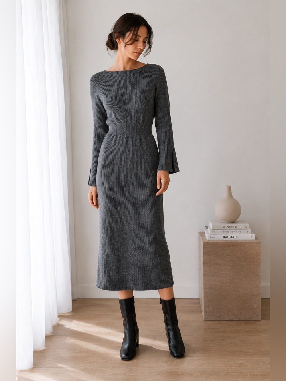 Uniqlo 100% Wool Rib Knit Midi Sweater Dress XS Gray Long Sleeve